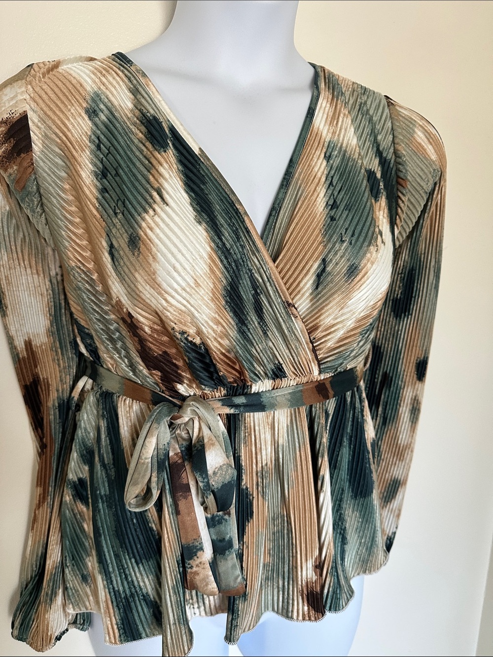 Pleated Wrap Blouse in Green and Tan